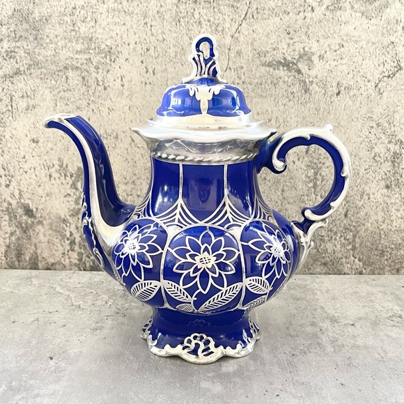 Vtg Hutschenreuther Hohenberg Germany Cobalt Blue Silver Overlay Tea Pot - Picture 2 of 10